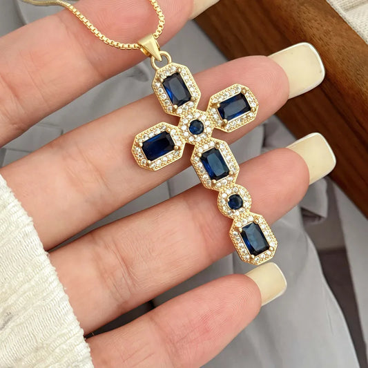 Wholesale Jewelry Elegant Original Design Simple Style Cross Copper Zircon 18K Gold Plated Plating Box Chain Pendant Necklace