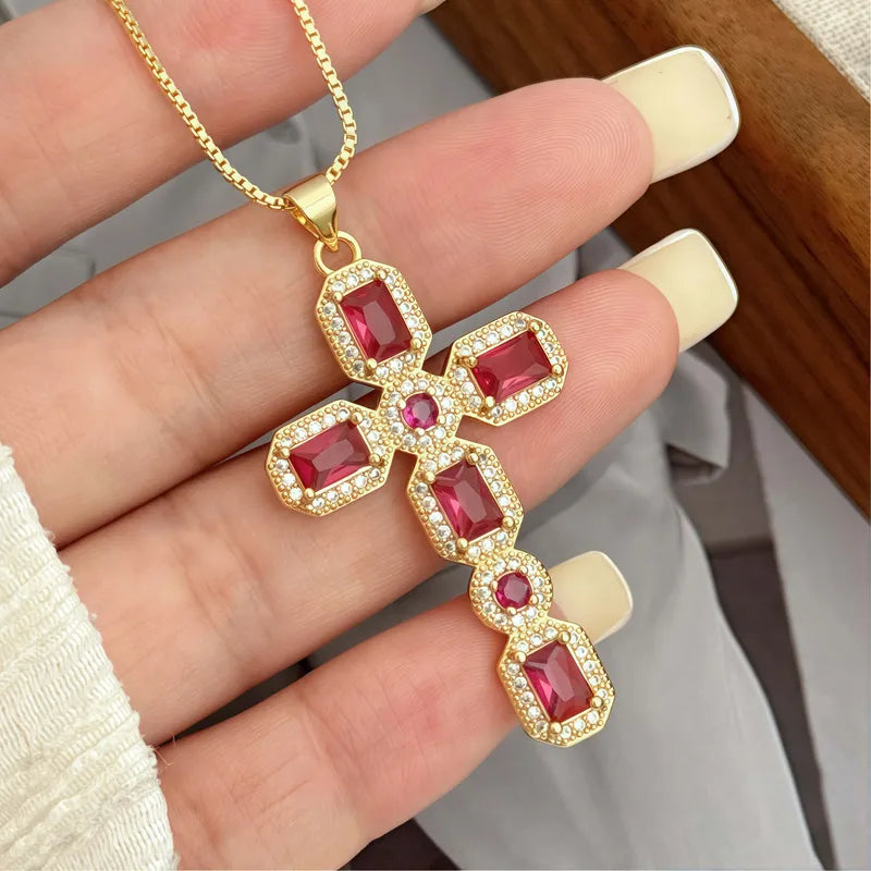 Wholesale Jewelry Elegant Original Design Simple Style Cross Copper Zircon 18K Gold Plated Plating Box Chain Pendant Necklace