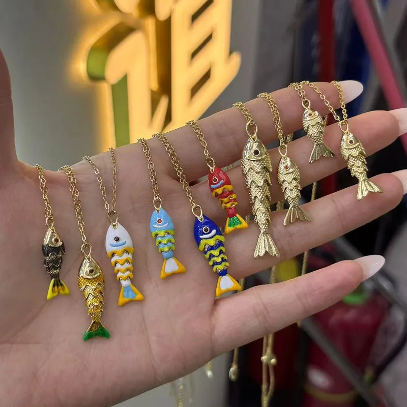 Wholesale Jewelry IG Style Vacation Fish Copper Zircon Enamel Inlay Cable Chain Pendant Necklace