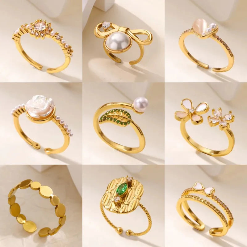 Wholesale Jewelry INS Style Sweet Geometric Flower Bow Knot 304 Stainless Steel Acrylic Pearl Zircon Inlay Open Rings