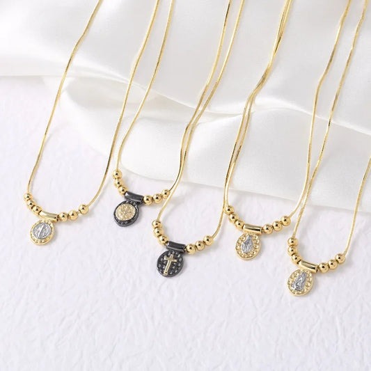 Wholesale Jewelry Modern Style Simple Style Cross Virgin Mary Copper 18K Gold Plated Beaded Pendant Necklace