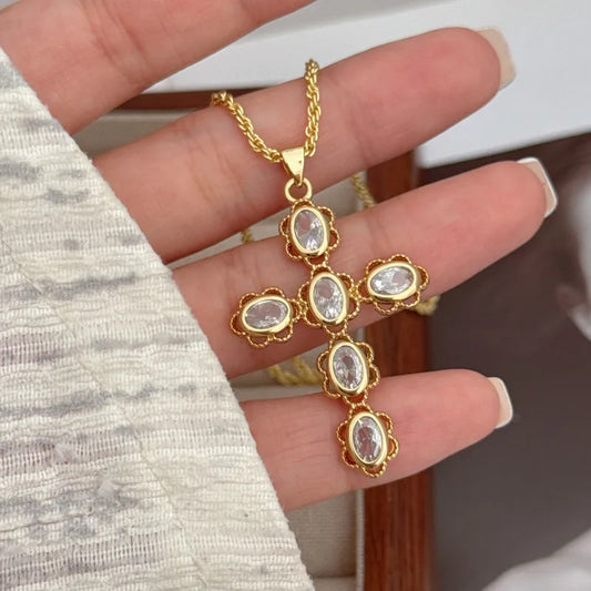 Wholesale Jewelry Religion Simple Style Classic Style Cross Copper Zircon 18K Gold Plated Pendant Necklace Box Chain Twisted Rope Chain
