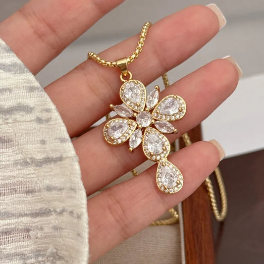 Wholesale Jewelry Religion Simple Style Classic Style Cross Copper Zircon 18K Gold Plated Pendant Necklace Box Chain Twisted Rope Chain
