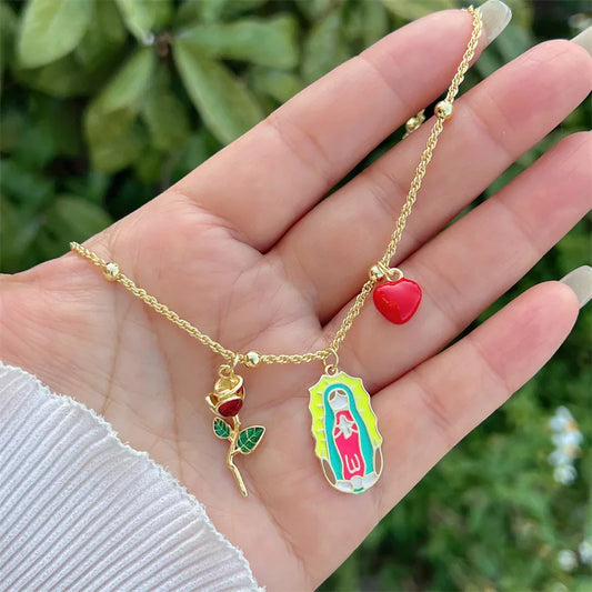 Wholesale Jewelry Retro Classic Style Cross Heart Shape Strawberry Copper Zircon 18K Gold Plated Multi Charms Necklace Twisted Rope Chain