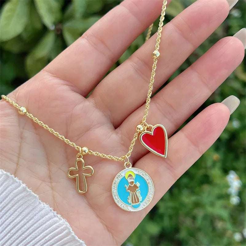 Wholesale Jewelry Retro Classic Style Cross Heart Shape Strawberry Copper Zircon 18K Gold Plated Multi Charms Necklace Twisted Rope Chain