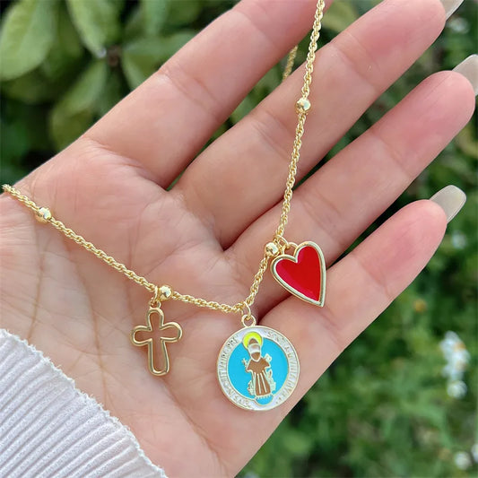 Wholesale Jewelry Retro Classic Style Cross Heart Shape Strawberry Copper Zircon 18K Gold Plated Multi Charms Necklace Twisted Rope Chain