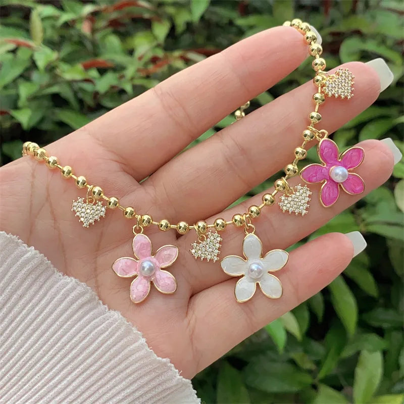 Wholesale Jewelry Simple Style Classic Style Cross Heart Shape Flower Copper Zircon 18K Gold Plated Inlay Ball Chain Multi Charms Necklace