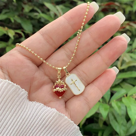 Wholesale Jewelry Simple Style Classic Style Cross Heart Shape Flower Copper Zircon 18K Gold Plated Inlay Ball Chain Multi Charms Necklace