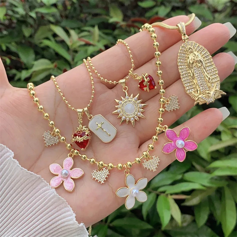 Wholesale Jewelry Simple Style Classic Style Cross Heart Shape Flower Copper Zircon 18K Gold Plated Inlay Ball Chain Multi Charms Necklace