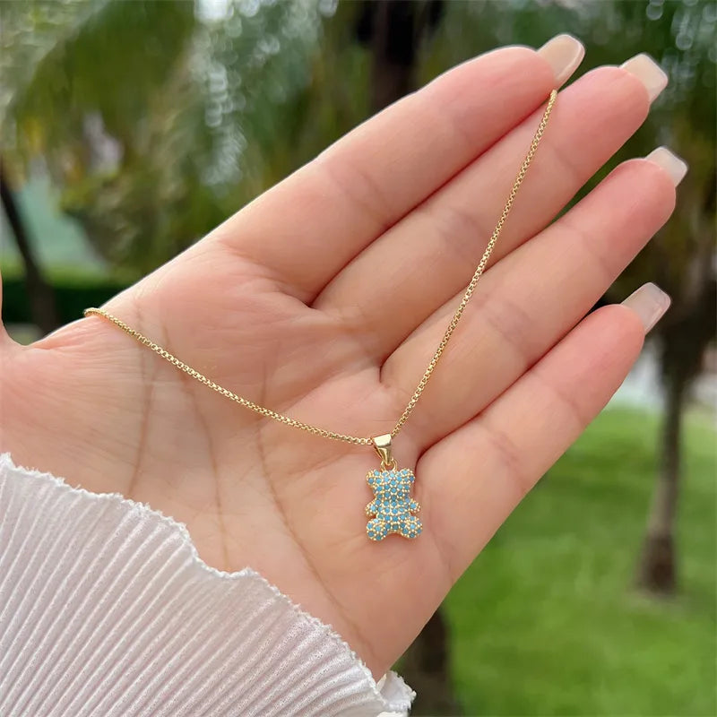 Wholesale Jewelry Simple Style Classic Style Little Bear Copper Zircon 18K Gold Plated Inlay Pendant Necklace