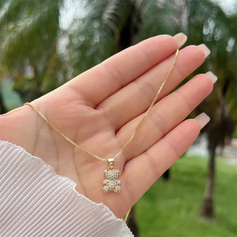 Wholesale Jewelry Simple Style Classic Style Little Bear Copper Zircon 18K Gold Plated Inlay Pendant Necklace