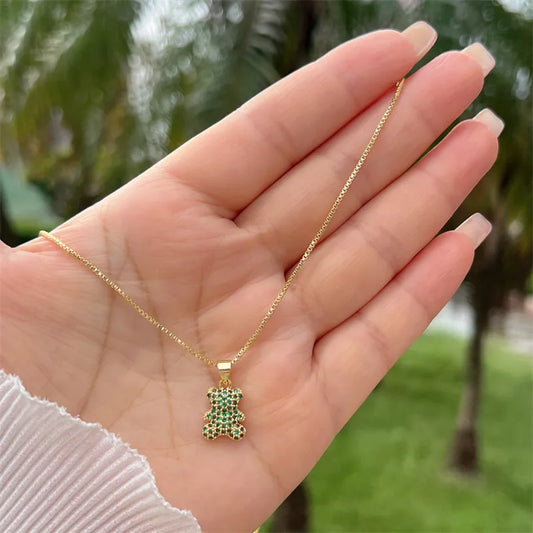 Wholesale Jewelry Simple Style Classic Style Little Bear Copper Zircon 18K Gold Plated Inlay Pendant Necklace