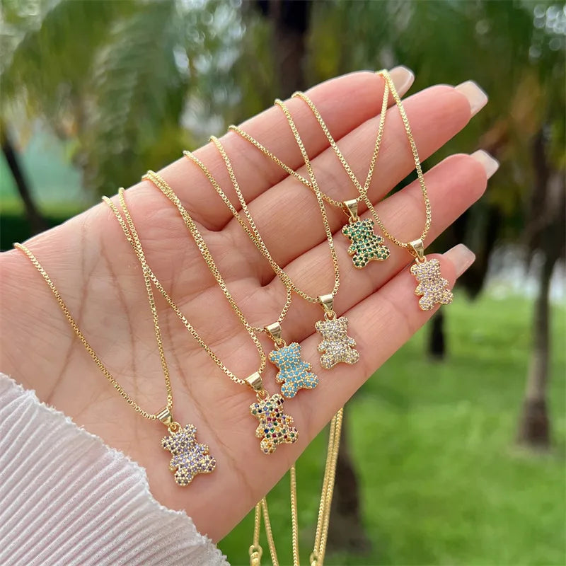 Wholesale Jewelry Simple Style Classic Style Little Bear Copper Zircon 18K Gold Plated Inlay Pendant Necklace