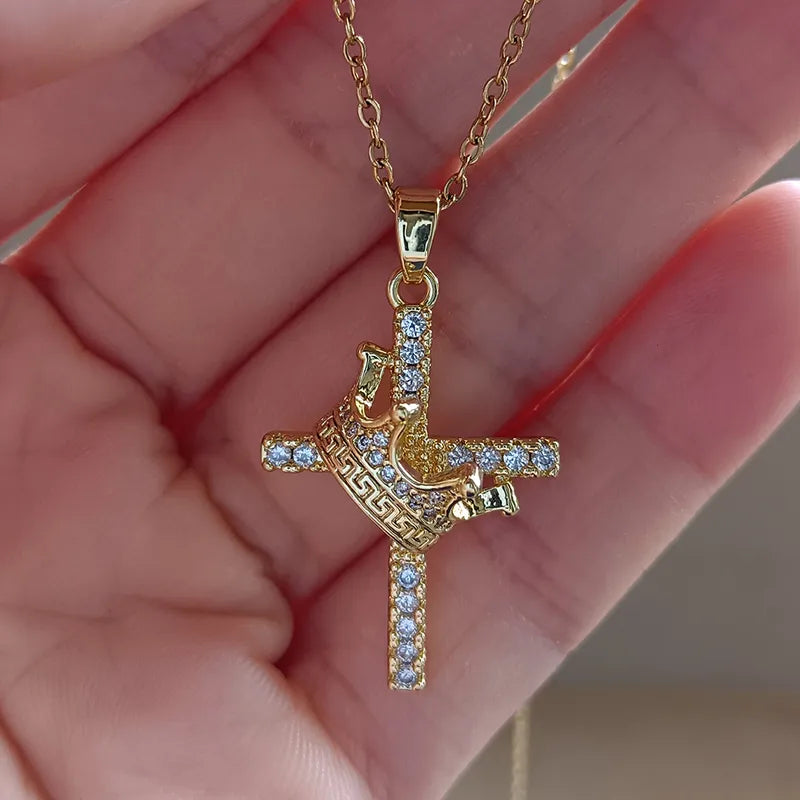 Wholesale Jewelry Vintage Style Cross Crown 304 Stainless Steel Copper Zircon Inlay Pendant Necklace Cable Chain