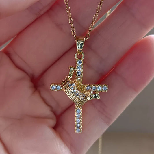 Wholesale Jewelry Vintage Style Cross Crown 304 Stainless Steel Copper Zircon Inlay Pendant Necklace Cable Chain