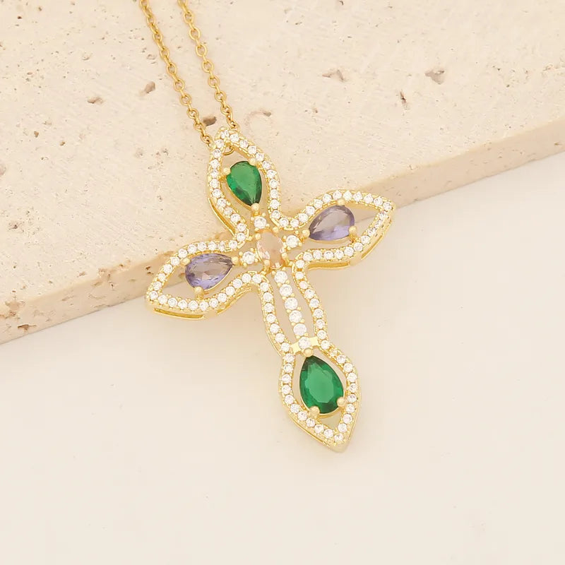 Wholesale Retro Classic Style Cross Round Flower Stainless Steel Copper Inlay 18K Gold Plated Zircon Pendant Necklace