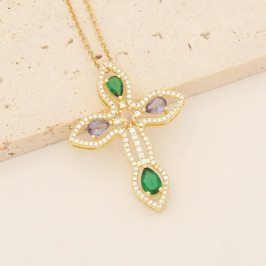 Wholesale Retro Classic Style Cross Round Flower Stainless Steel Copper Inlay 18K Gold Plated Zircon Pendant Necklace