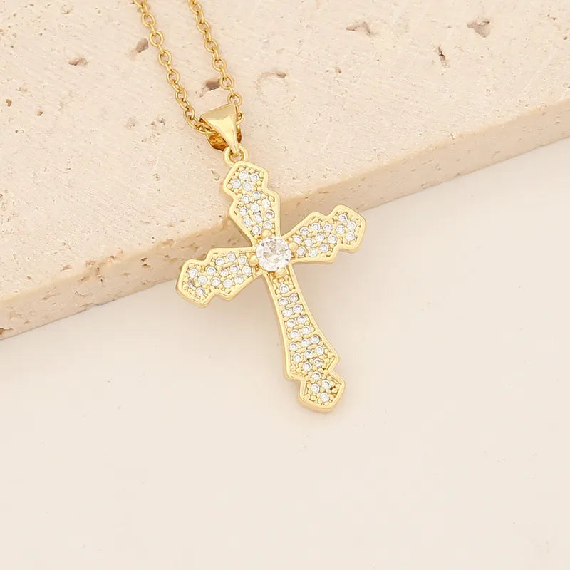 Wholesale Retro Classic Style Cross Round Flower Stainless Steel Copper Inlay 18K Gold Plated Zircon Pendant Necklace