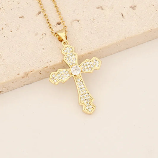 Wholesale Retro Classic Style Cross Round Flower Stainless Steel Copper Inlay 18K Gold Plated Zircon Pendant Necklace