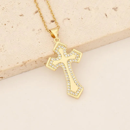 Wholesale Retro Classic Style Cross Round Flower Stainless Steel Copper Inlay 18K Gold Plated Zircon Pendant Necklace
