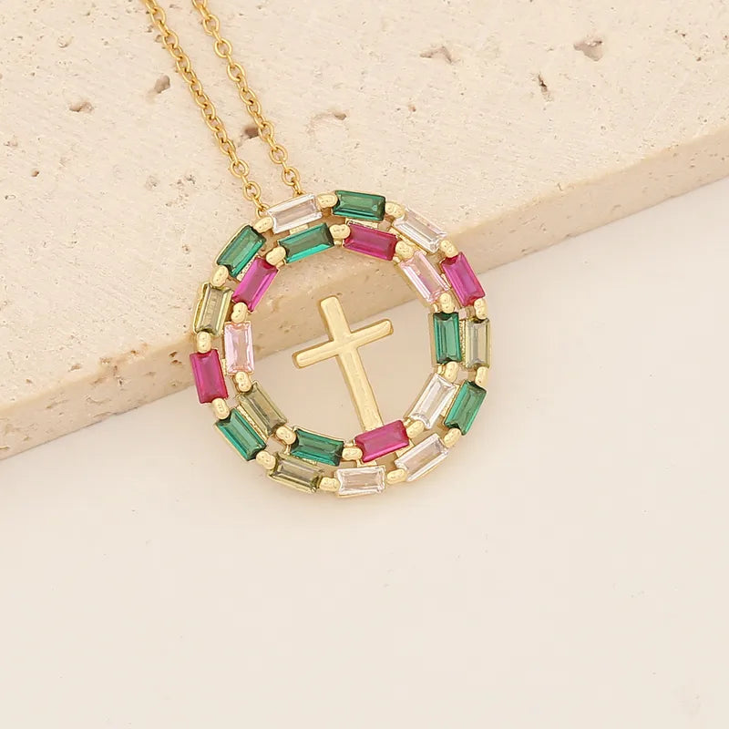 Wholesale Retro Classic Style Cross Round Flower Stainless Steel Copper Inlay 18K Gold Plated Zircon Pendant Necklace