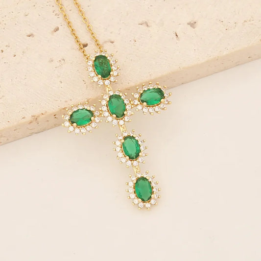 Wholesale Retro Classic Style Cross Round Flower Stainless Steel Copper Inlay 18K Gold Plated Zircon Pendant Necklace