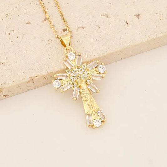 Wholesale Retro Classic Style Cross Round Flower Stainless Steel Copper Inlay 18K Gold Plated Zircon Pendant Necklace