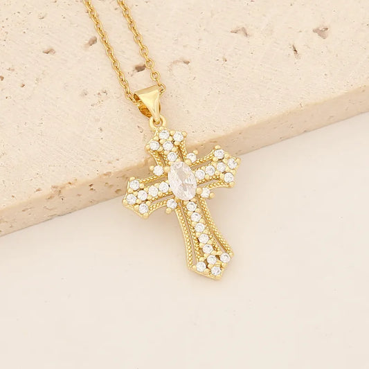 Wholesale Retro Classic Style Cross Round Flower Stainless Steel Copper Inlay 18K Gold Plated Zircon Pendant Necklace