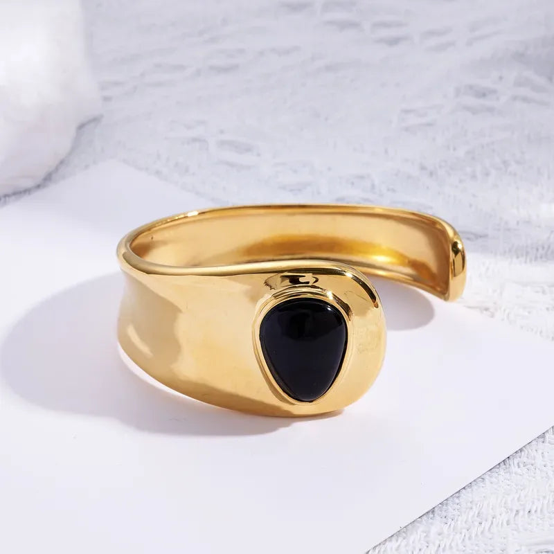 Wide Face Open Stainless Steel 18K Gold Plated Bracelet Elegant Luxury Female Style Artistic Drop Pattern Agate Embedded Casual Street Snap Selfie