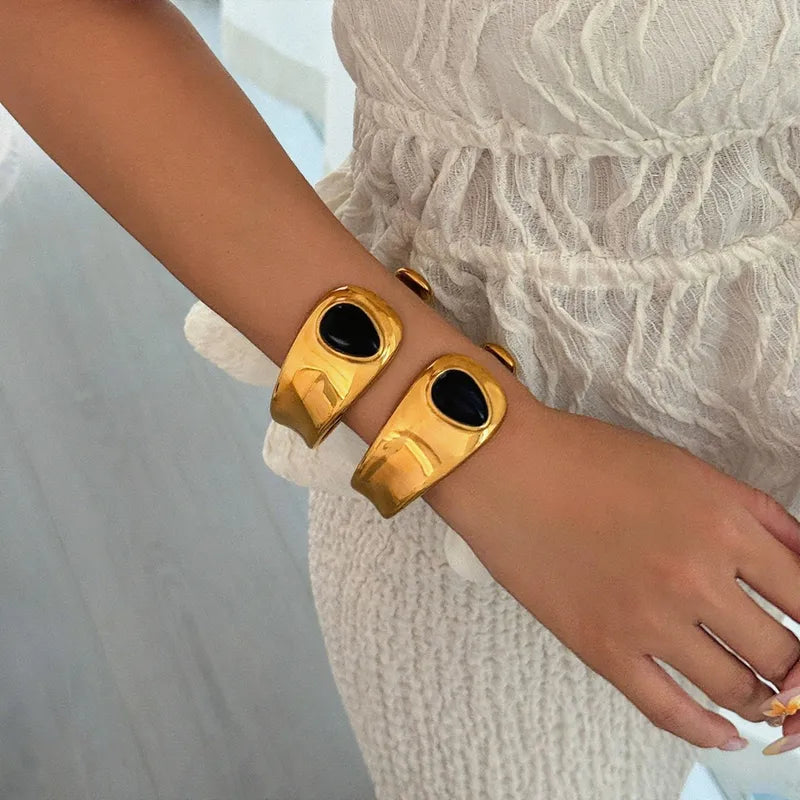 Wide Face Open Stainless Steel 18K Gold Plated Bracelet Elegant Luxury Female Style Artistic Drop Pattern Agate Embedded Casual Street Snap Selfie