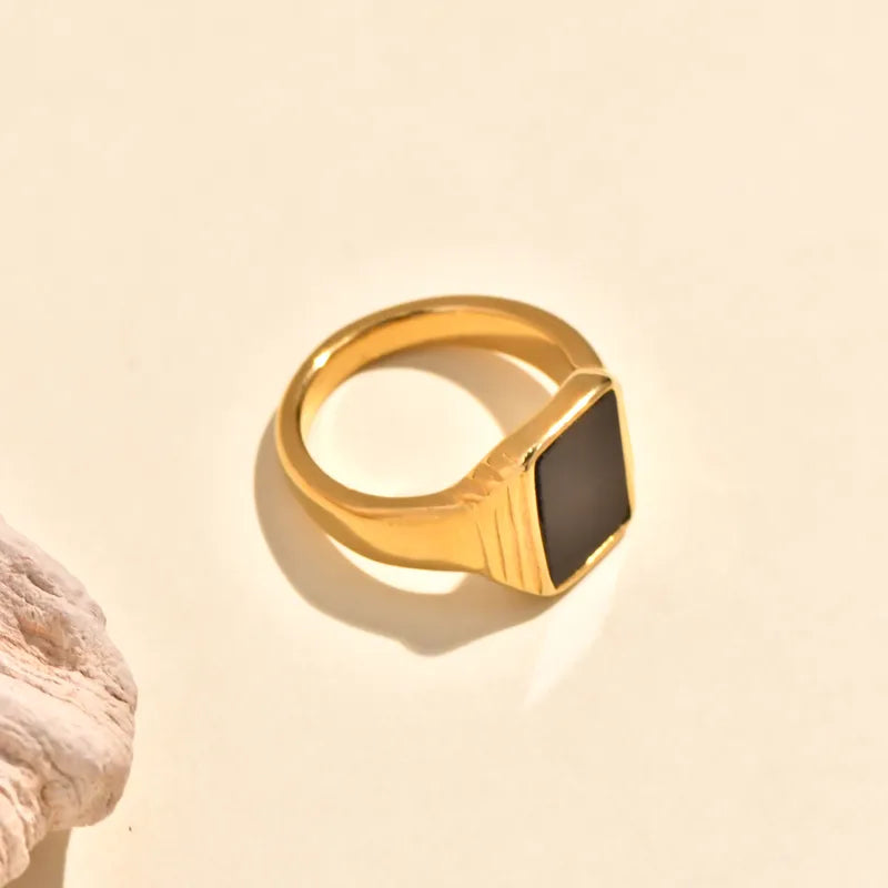 Wide Version Titanium Steel Ring With Threaded Design Vacuum Plated 18K Gold Solid Black Bead Personalized High-End Feeling