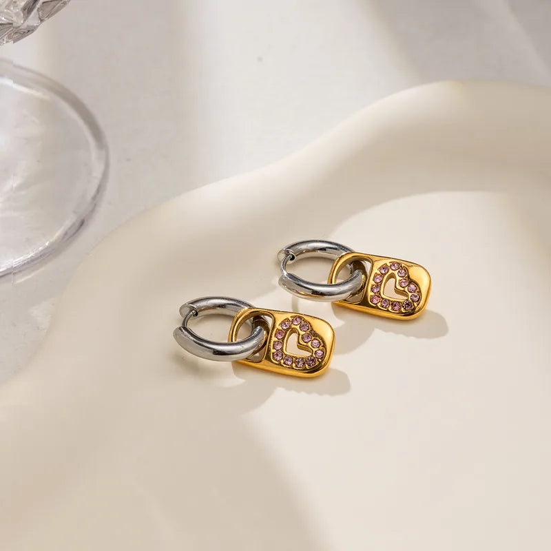 Women's Style - Sweet Style / 18K Gold Stainless Steel + Rhinestones / Gold And Silver Color Matching With Pink Rhinestones Hollow Heart Lock Pendant Earrings Pair