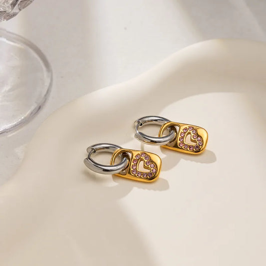 Women's Style - Sweet Style / 18K Gold Stainless Steel + Rhinestones / Gold And Silver Color Matching With Pink Rhinestones Hollow Heart Lock Pendant Earrings Pair