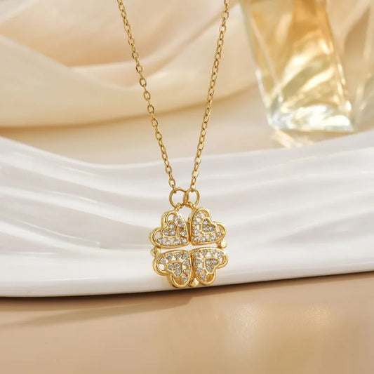 Women's Titanium Steel Necklace Four Leaf Flower Design Double Wear Heart Pendant Fashionable Jewelry Luxury Style Leaf Pattern