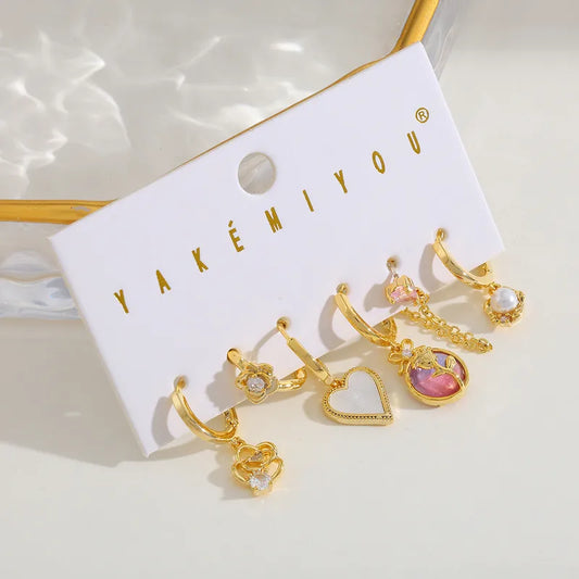 Yakemiyou Copper Plated 14K Gold Embedded Zirconia Pearl Heart Flower Earring Set Women's Fashion Jewelry Accessories