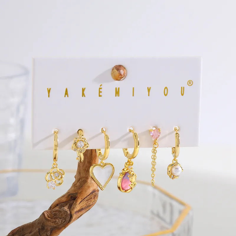 Yakemiyou Copper Plated 14K Gold Embedded Zirconia Pearl Heart Flower Earring Set Women's Fashion Jewelry Accessories